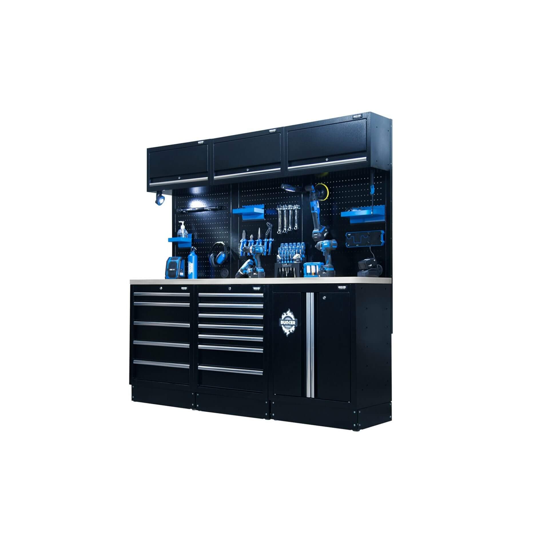 04415_3 Configuration complète d'un établi BUNKER noir avec tiroirs, panneaux perforés et établi en inox
