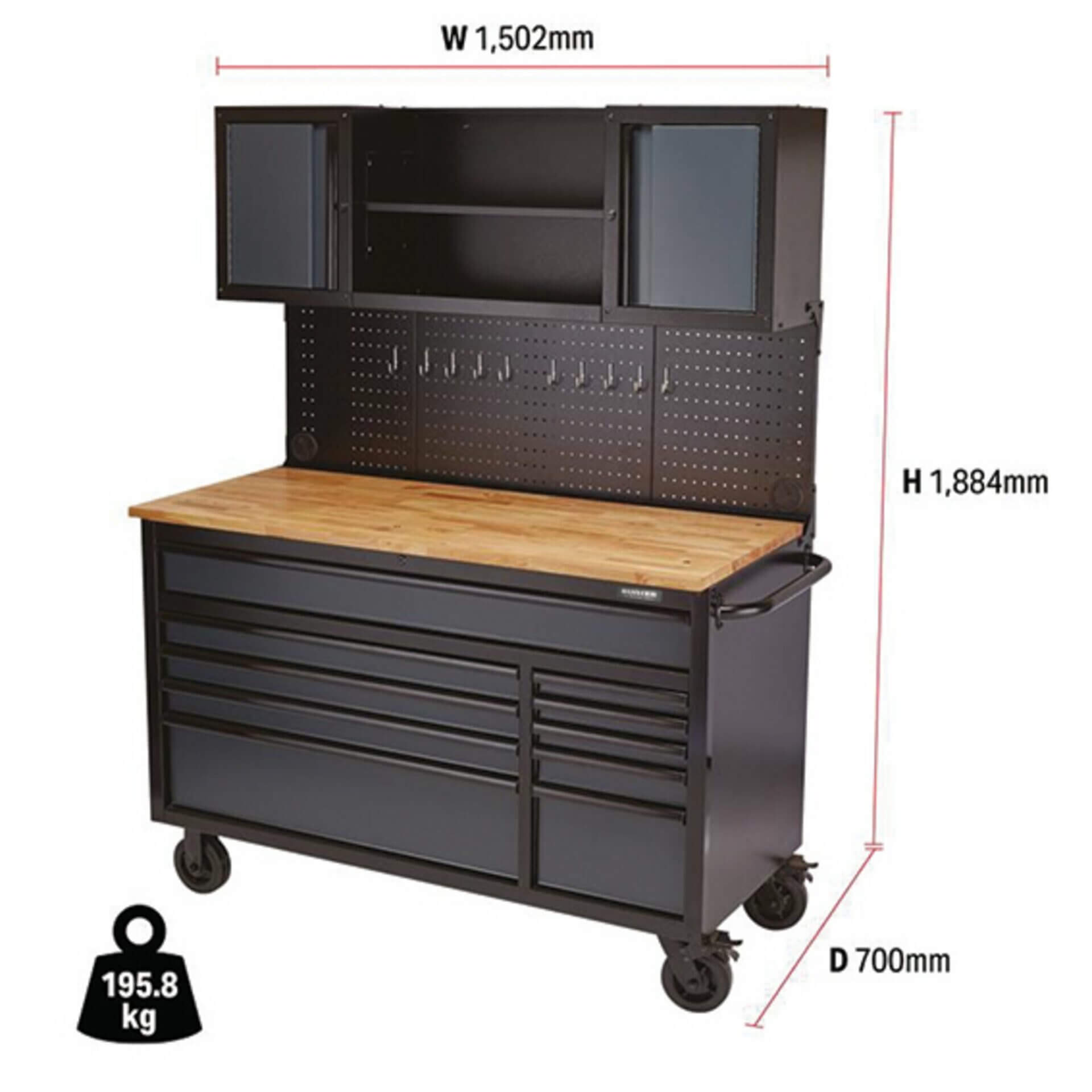 Photo avec les dimensions de l'établi mobile avec 10 tiroirs de la marque bunker